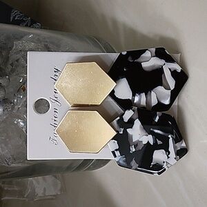 Black and White Tortoise Shell and Gold Hexagon Earrings